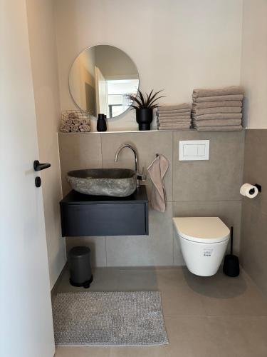 a bathroom with a sink and a toilet and a mirror at Moderne Ferienwohnung Ravensburg in Ravensburg