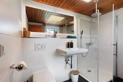 a white bathroom with a sink and a shower at Black Forest Woods in Bernau im Schwarzwald