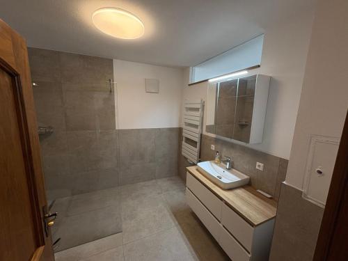 a bathroom with a sink and a shower at Moderne Ferienwohnung Bodensee in Sigmarszell