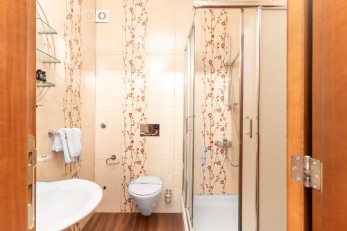 a bathroom with a toilet and a sink and a shower at Hotel Petrovac in Petrovac na Moru
