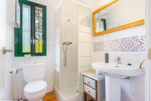 ein Badezimmer mit Toilette, Waschbecken und Spiegel in der Unterkunft Finca El Chopo - piscina compartida in Alájar