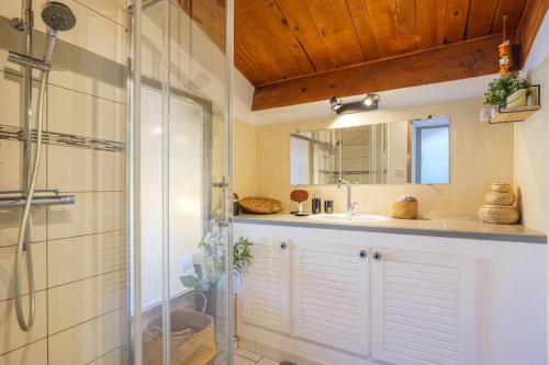 a bathroom with a shower and a sink and a mirror at Gite Leoannatim in Ruoms