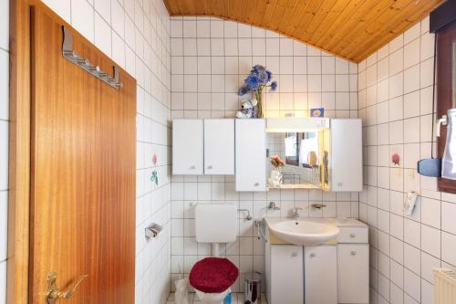 a bathroom with a sink and a mirror at Haus Domblick in Gückingen