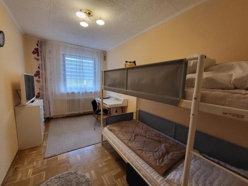a dorm room with a bunk bed and a desk at Ferienwohnung Kleine Bergluft Hahnenklee in Hahnenklee-Bockswiese