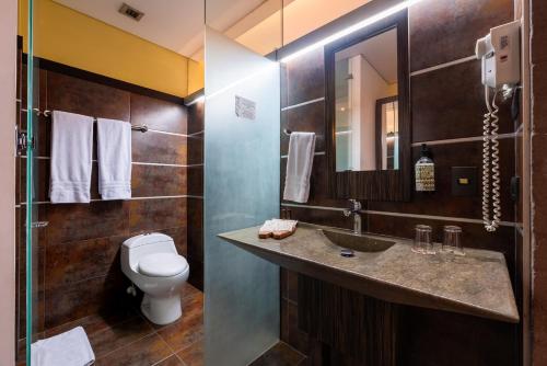a bathroom with a sink and a toilet at Diez Hotel Categoría Colombia in Medellín