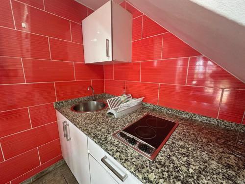 a kitchen with a sink and red tiles at Dunaflor Gemelo 2 in San Bartolomé