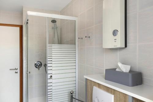 a bathroom with a shower and a toilet and a sink at Ferienwohnung Becker in Schwalefeld