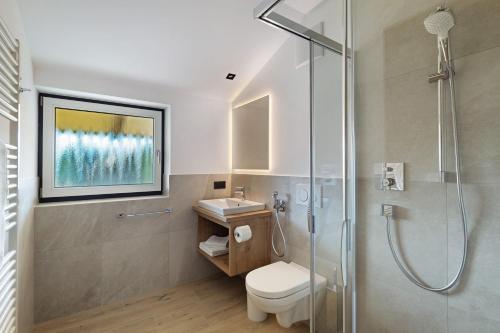 a bathroom with a shower and a toilet and a sink at Premium App Hofer Heidi in Villabassa