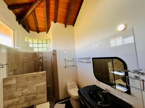 a bathroom with a sink and a toilet and a mirror at Villa Edén Alto in La Tebaida