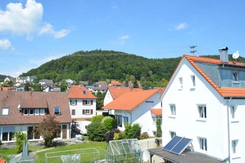 a group of houses with a mountain in the background at Ferienwohnung Sonnenblick in Albstadt