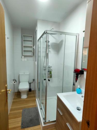 a bathroom with a glass shower and a toilet at Erudito in Valencia