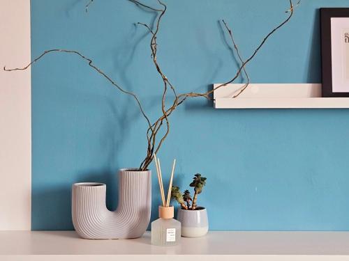 three white vases sitting on a table with plants at Hey! Central Apartment in Gheorgheni