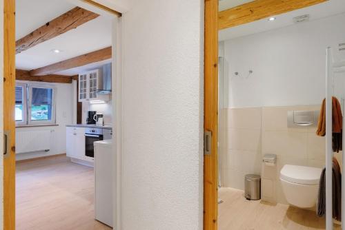 ein Badezimmer mit Waschbecken und Toilette in einem Zimmer in der Unterkunft Müllerjörgenhof in Gutach