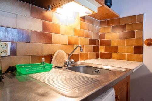 a kitchen sink with a green tray on the counter at Appartement 22 - 5 personnes in Les Allues