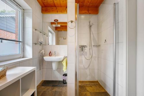 a bathroom with a shower and a sink at Ferienhaus Siegfried in Niebüll
