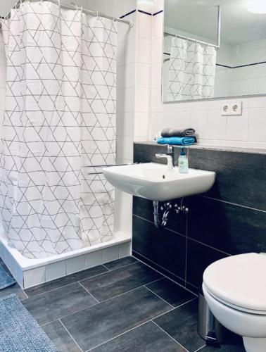 ein Badezimmer mit Waschbecken, Toilette und Dusche in der Unterkunft Seewest in Singen