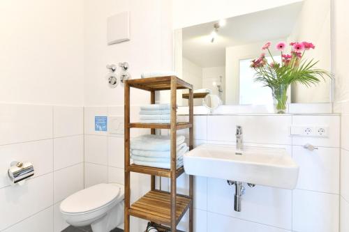 a bathroom with a sink and a toilet and a mirror at Dinkelbach Feriendomicil 2 D in Lindau-Bodolz