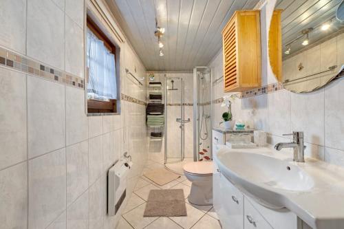 ein Badezimmer mit Waschbecken, Toilette und Dusche in der Unterkunft Moi Holzhaisel in Elmstein