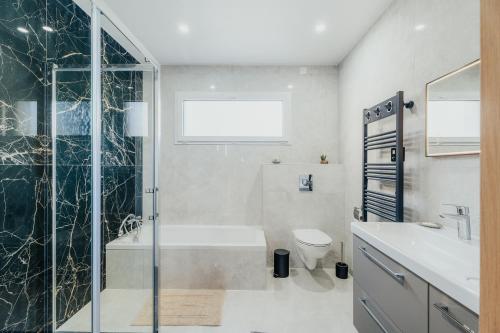 a bathroom with a shower and a toilet and a sink at Maison avec jardin proche Dinan in Trévron