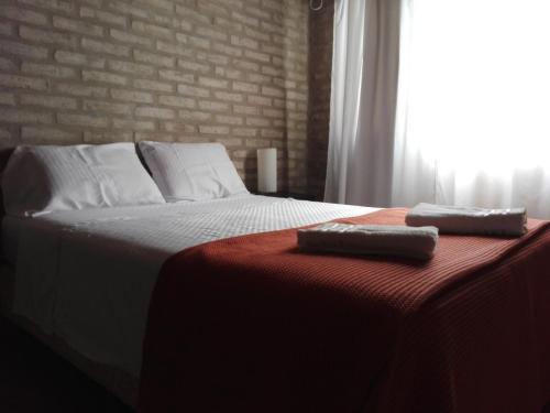 
a bed with pillows and a lamp on top of it at Villa Carlos Paz Alojamiento Santa Ponsa in Villa Carlos Paz
