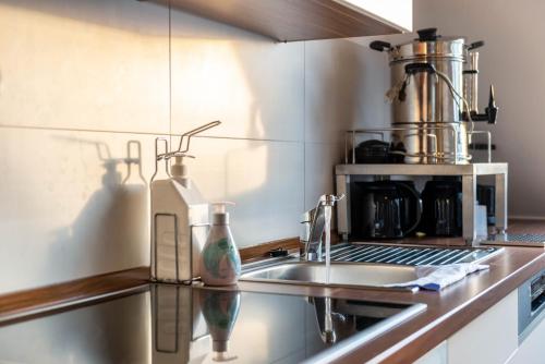 a kitchen counter top with a sink and a mixer at Pension Zum Talhof in Reichenau