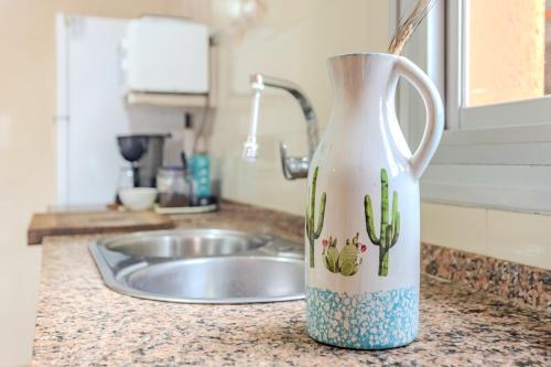 a vase sitting on a counter next to a sink at Casa Raymond con piscina in Maçanet de la Selva