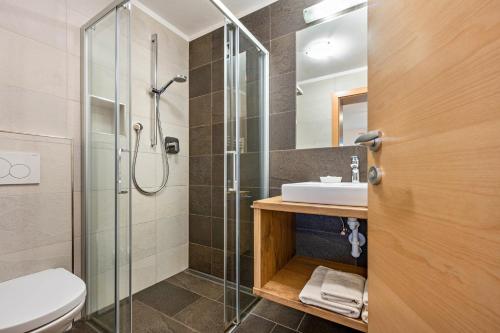 a bathroom with a shower and a toilet and a sink at Maurerhof Abendrot in Maranza