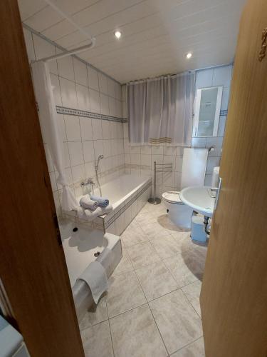 a bathroom with a tub and a toilet and a sink at Ferienwohnung-Pension Osterwiese in Weilburg