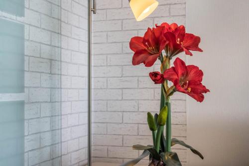 a vase with two red flowers in a room at Ferienwohnung Harzblick in Altenau
