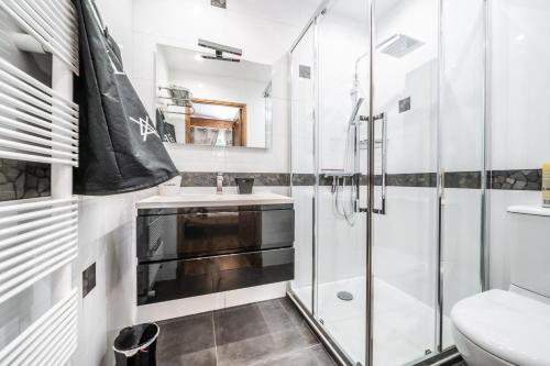 a bathroom with a shower and a sink and a toilet at Au Rêve Savoyard 3 - 6 personnes in Morillon