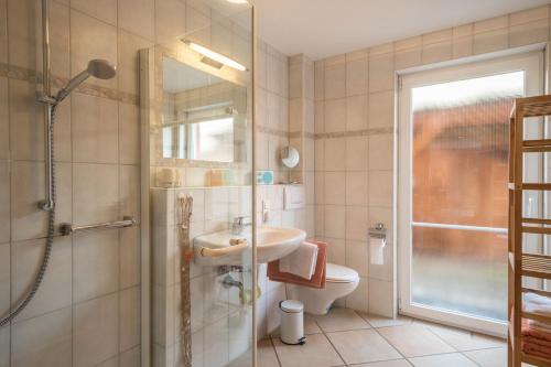 a bathroom with a sink and a toilet and a shower at Sabinas Gästewohnung in Wasserburg