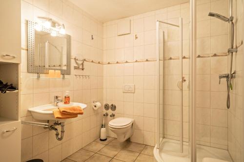 a bathroom with a shower and a toilet and a sink at Ferienwohnung Nr 3 in Deggenhausertal