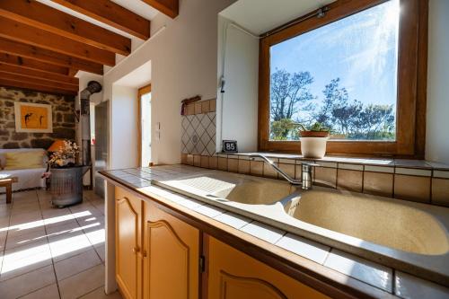 a kitchen with a sink and a window at Le Mas Saint Victor in Saint-Victor