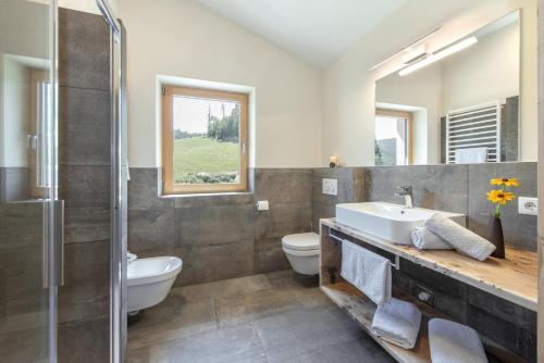 a bathroom with a sink and a toilet and a shower at Furnerhof Apt Olpenglühn in Collepietra
