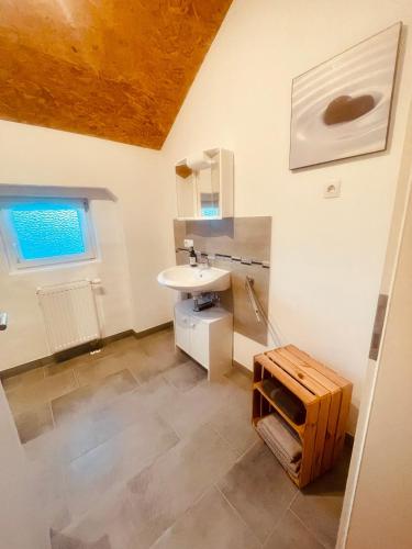 a bathroom with a white sink and a window at Alter Stall in Melzow