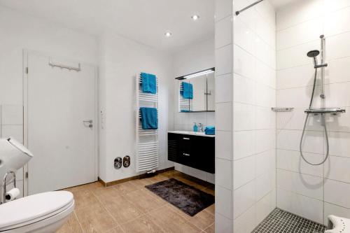 a white bathroom with a shower and a toilet at Ferienwohnung Offenbütteler Moor in Osterrade
