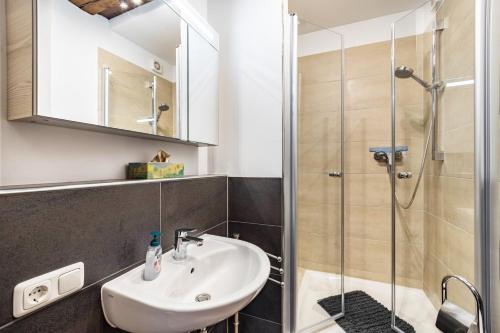 a bathroom with a sink and a shower at Ferienwohnung Marktblick in Pottenstein