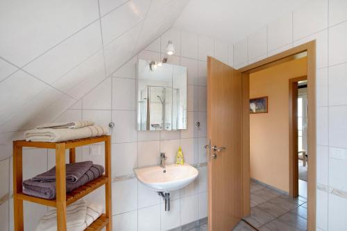 a bathroom with a sink and a mirror at Großes Ferienhaus mit Seeblick in Leezen