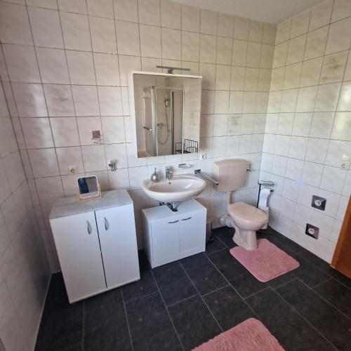 a bathroom with a sink and a toilet at Fränkisch wohnen bei Mela in Litzendorf