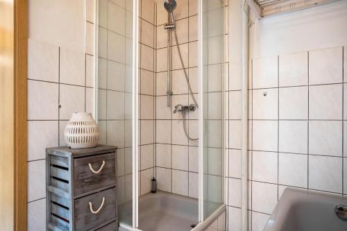 a bathroom with a shower with a wooden cabinet and a sink at Ferienwohnung Wilhelm in Züssow