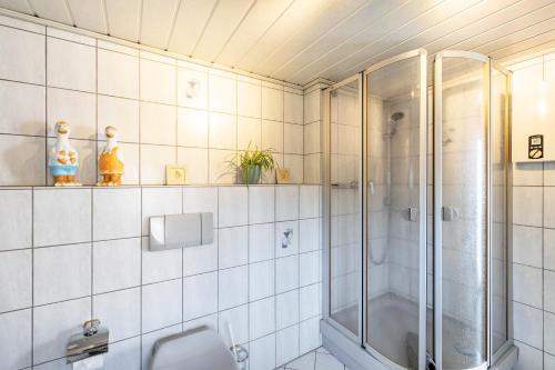a bathroom with a shower and a toilet at Lichtblick in Bottrop