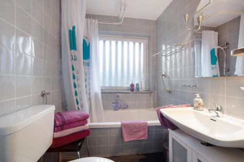 a bathroom with a sink and a tub and a toilet at Ferienwohnung Schoeneberg in Vogt