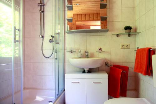 a bathroom with a sink and a shower at Haus Waldidyll am Briesensee in Neu Zauche