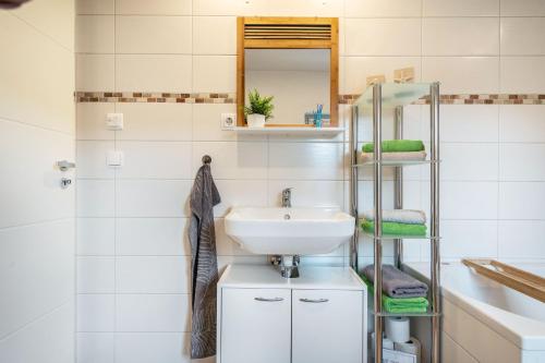 a bathroom with a sink and a mirror at Ferienhaus Hedrich in Gülzow