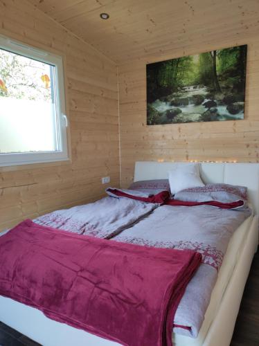 a bed in a log cabin with a window at Unser Großer - Tiny House in Mayrhof