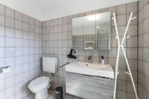 a white bathroom with a toilet and a sink at Ferienwohnung Frank in Melschede