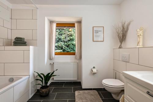 a white bathroom with a toilet and a window at Haus Bergruh Kuckucksnest in Todtnauberg