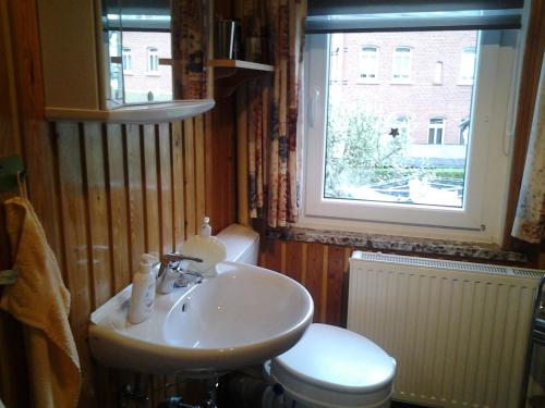 a bathroom with a sink and a toilet and a window at Ferienhaus Werner in Neustadt