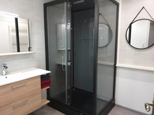 a shower with a glass door in a bathroom at Gîte De La Verdurette in Pettonville