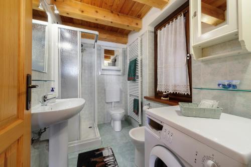a bathroom with a sink and a washing machine at La Maison de Marguerite in Saint Vincent